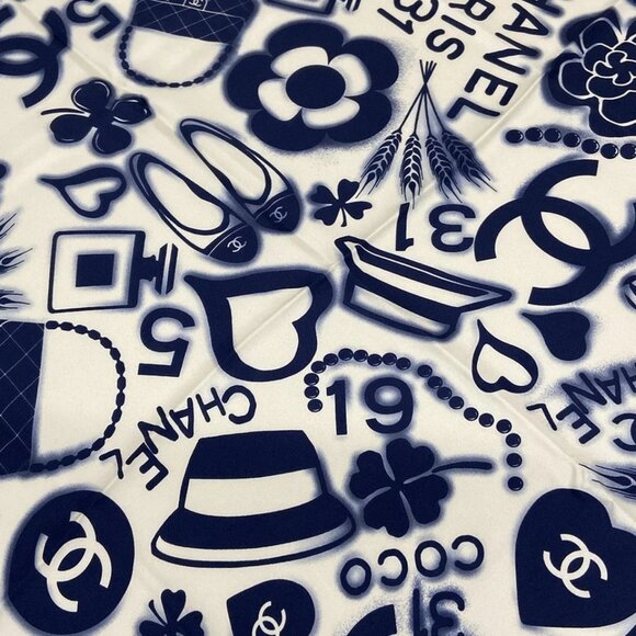 CHANEL - White Navy Silk Scarf 428-072525 - Picture 2 of 5